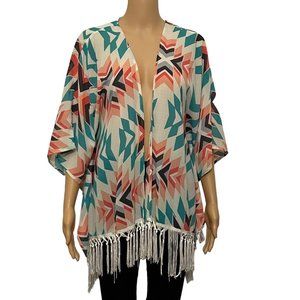 xhilaration Size XS Aztec Tribal Semi Sheer Shawl Wrap W Sleeves Boho Fringe
